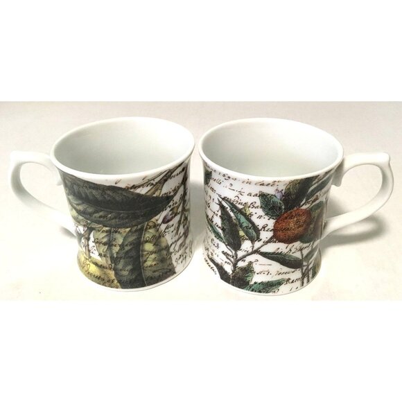 Set Of 2 Rosanna Coffee Mug Porcelain Floral Calligraphy White Multicolor 12 Oz - Picture 1 of 4